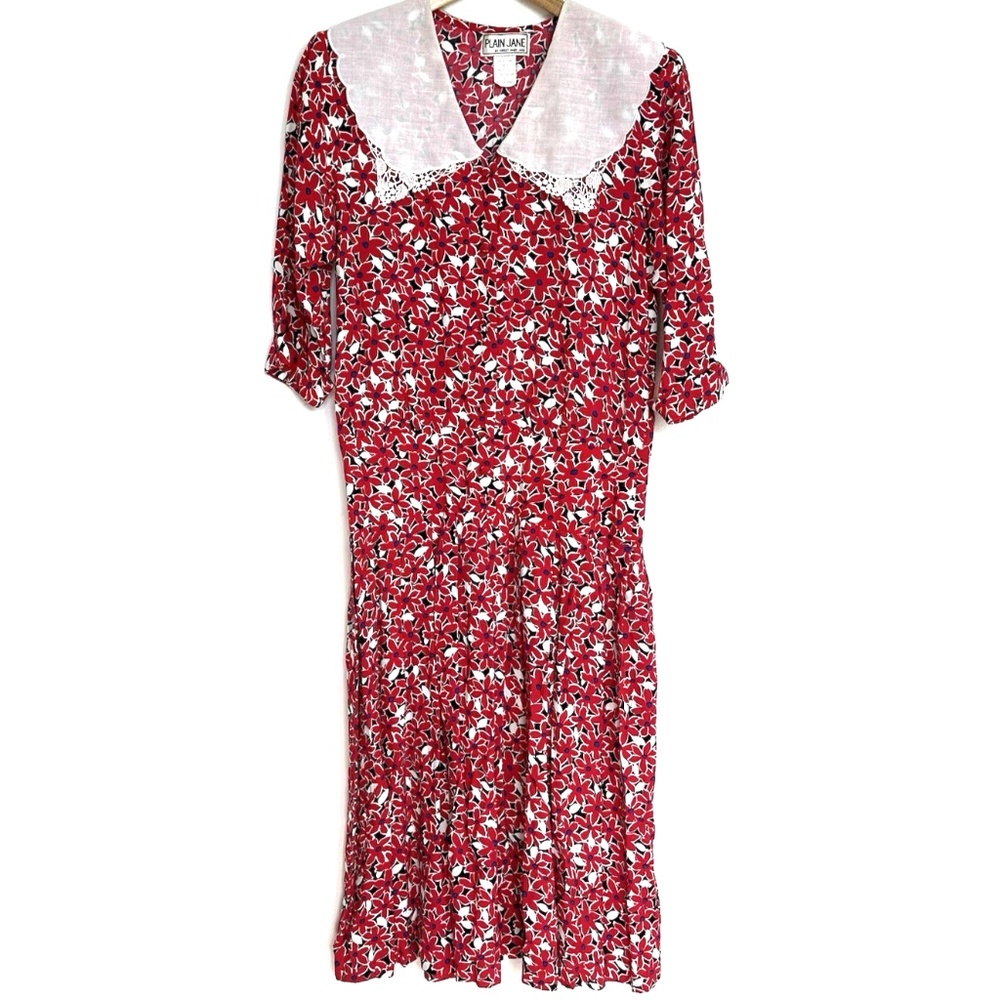 Plain Jane Vintage 90s Retro Dress Sz 9 Red Floral Peter Pan Collar Pleated Midi